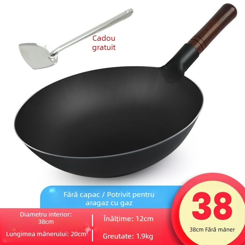 Wok din fontă în stil vechi, cu construcție groasă, fără strat și cu proprietăți antiaderente, capac din oțel inoxidabil cu panou de sticlă, potrivit pentru aragaz pe gaz