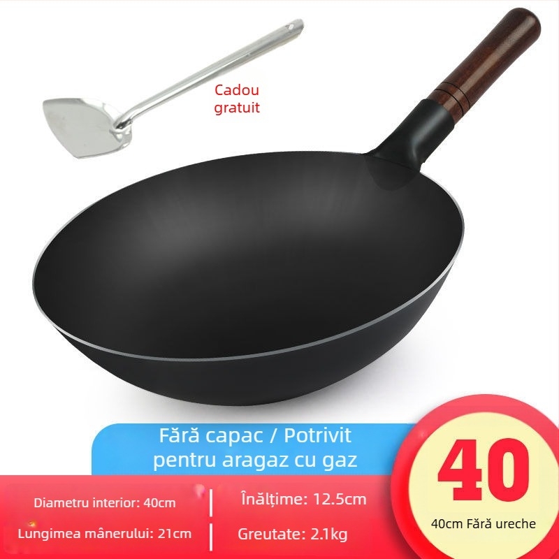 Wok din fontă în stil vechi, cu construcție groasă, fără strat și cu proprietăți antiaderente, capac din oțel inoxidabil cu panou de sticlă, potrivit pentru aragaz pe gaz