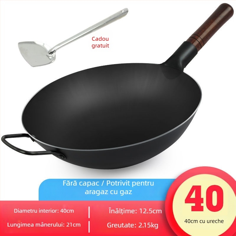 Wok din fontă în stil vechi, cu construcție groasă, fără strat și cu proprietăți antiaderente, capac din oțel inoxidabil cu panou de sticlă, potrivit pentru aragaz pe gaz