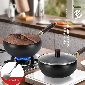 Wok din fier cu bază multistrat, capac din sticlă, 4 kg, multifuncțional