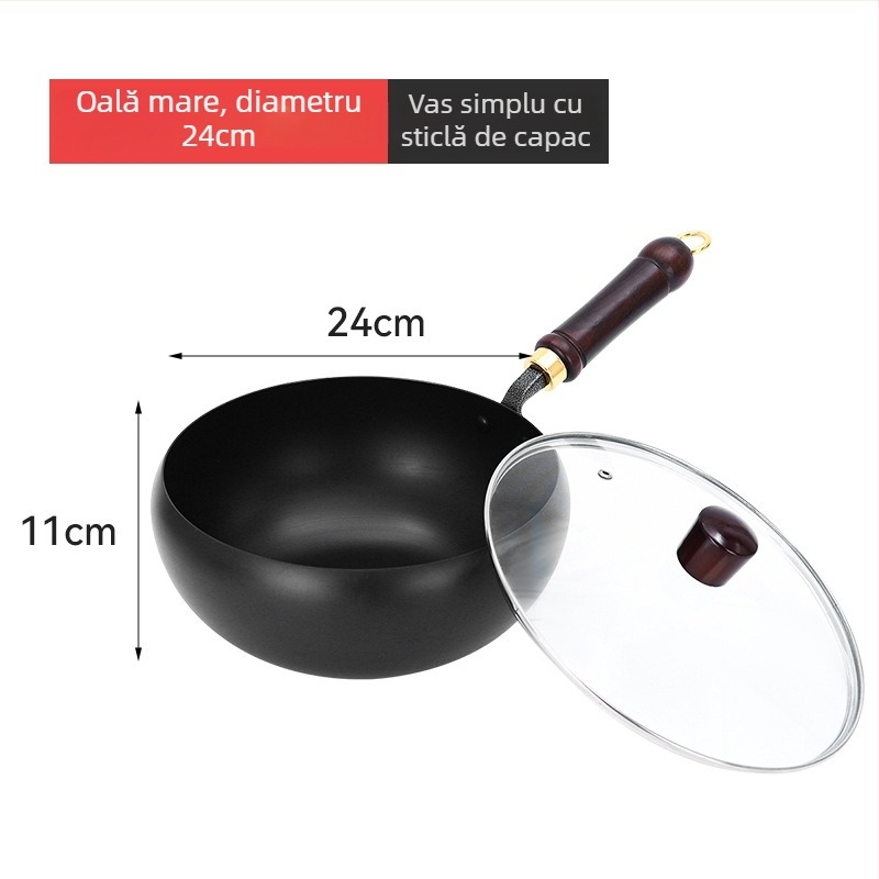 Wok din fier cu bază multistrat, capac din sticlă, 4 kg, multifuncțional
