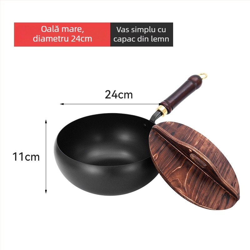 Wok din fier cu bază multistrat, capac din sticlă, 4 kg, multifuncțional