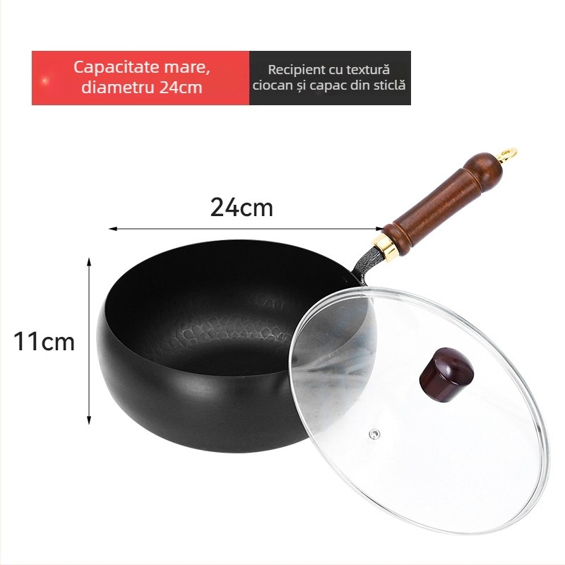 Wok din fier cu bază multistrat, capac din sticlă, 4 kg, multifuncțional