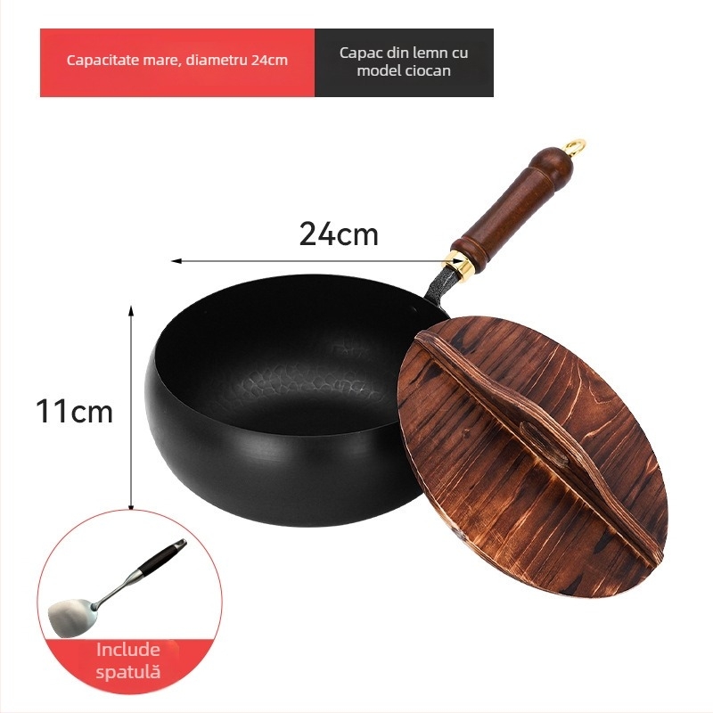 Wok din fier cu bază multistrat, capac din sticlă, 4 kg, multifuncțional