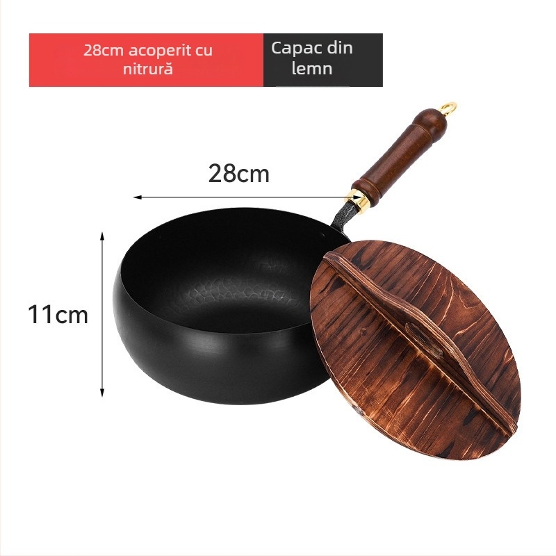 Wok din fier cu bază multistrat, capac din sticlă, 4 kg, multifuncțional