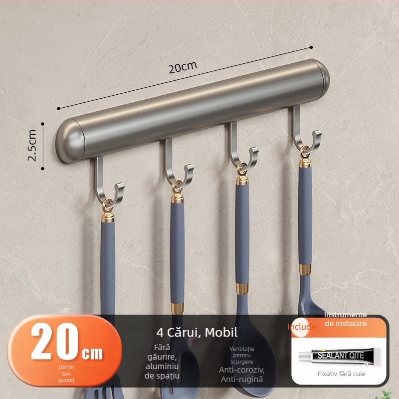 Cuier de bucătărie cu ventuză pentru perete, 12 cârlige, Space Aluminum + ABS, stil modern minimalist, încărcare 5–10 kg