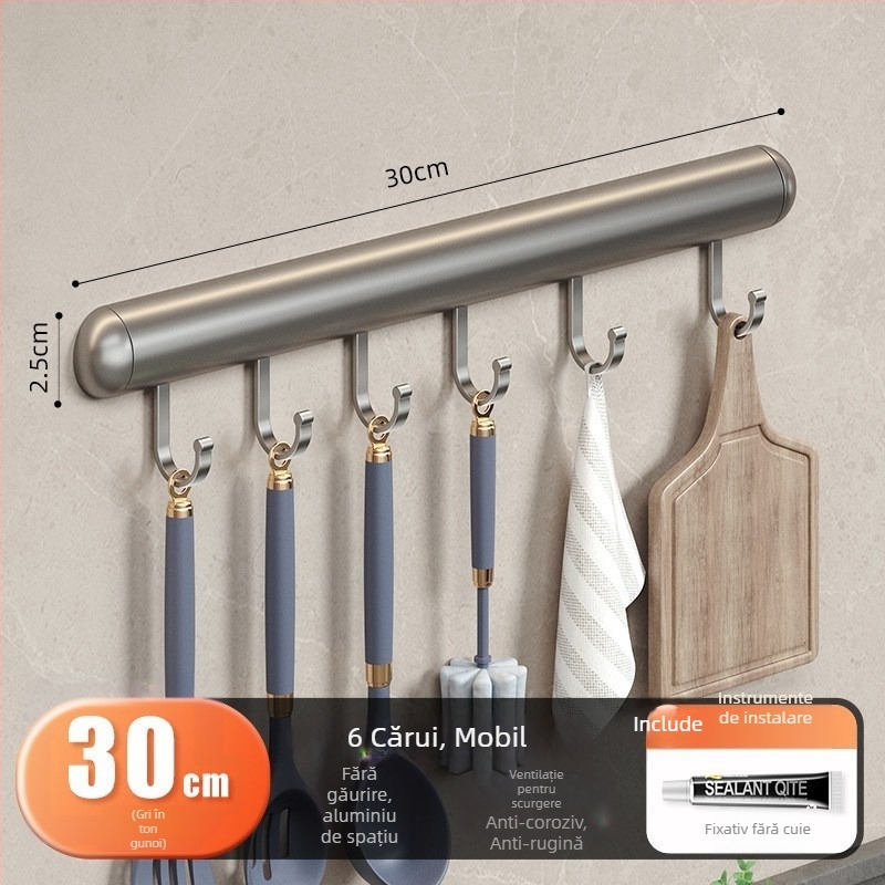 Cuier de bucătărie cu ventuză pentru perete, 12 cârlige, Space Aluminum + ABS, stil modern minimalist, încărcare 5–10 kg