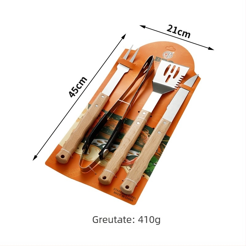 Set de unelte pentru grătar din oțel inoxidabil, cu cuțit, clemă, furculiță și spatulă