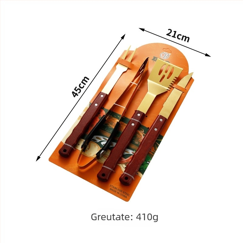 Set de unelte pentru grătar din oțel inoxidabil, cu cuțit, clemă, furculiță și spatulă