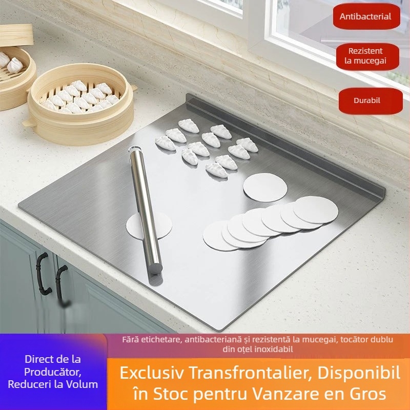 Planșă din oțel inoxidabil pentru tăiat și frământat aluat, două fețe pentru bucătărie, pentru tăiat legume și fructe, antibacteriană, îngroșată, anti-alunecare