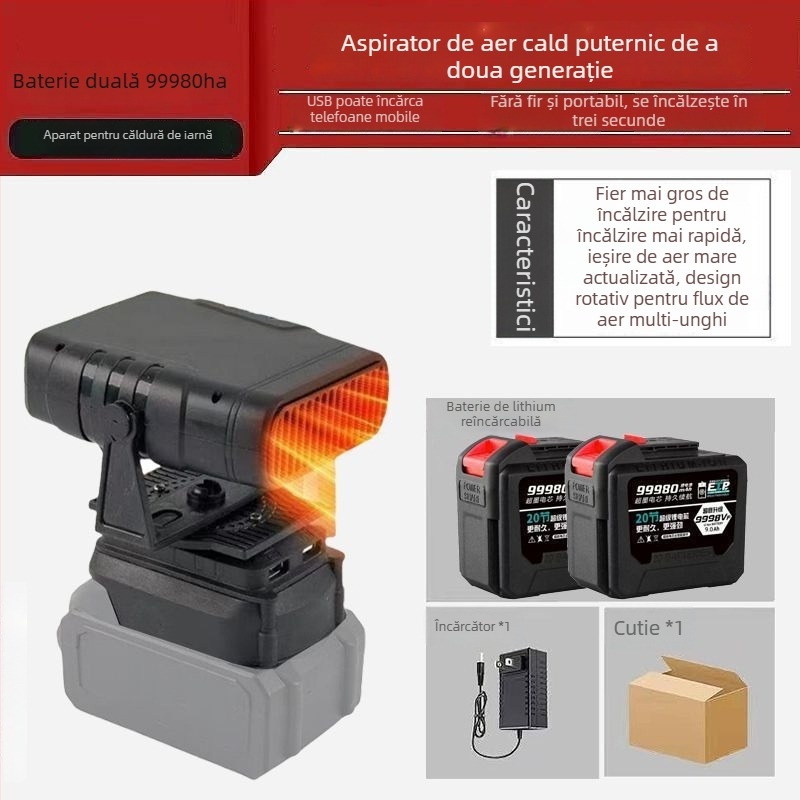 Ventilator auto montat pe triciclu, cu baterie litiu reîncărcabilă, fără fir, încălzitor de aer cal, defogger pentru geam, corp din material hemp