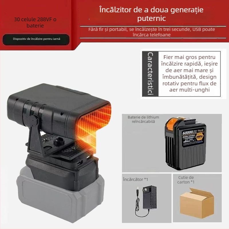 Ventilator auto montat pe triciclu, cu baterie litiu reîncărcabilă, fără fir, încălzitor de aer cal, defogger pentru geam, corp din material hemp