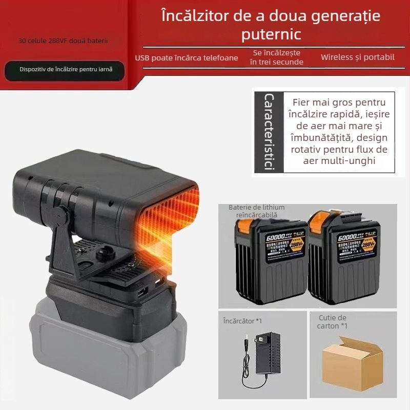 Ventilator auto montat pe triciclu, cu baterie litiu reîncărcabilă, fără fir, încălzitor de aer cal, defogger pentru geam, corp din material hemp