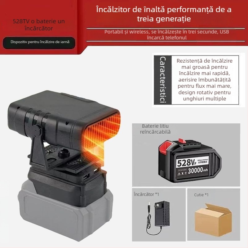 Ventilator auto montat pe triciclu, cu baterie litiu reîncărcabilă, fără fir, încălzitor de aer cal, defogger pentru geam, corp din material hemp