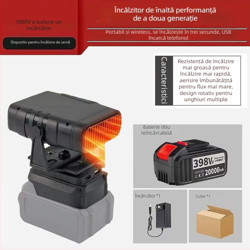 Ventilator auto montat pe triciclu, cu baterie litiu reîncărcabilă, fără fir, încălzitor de aer cal, defogger pentru geam, corp din material hemp