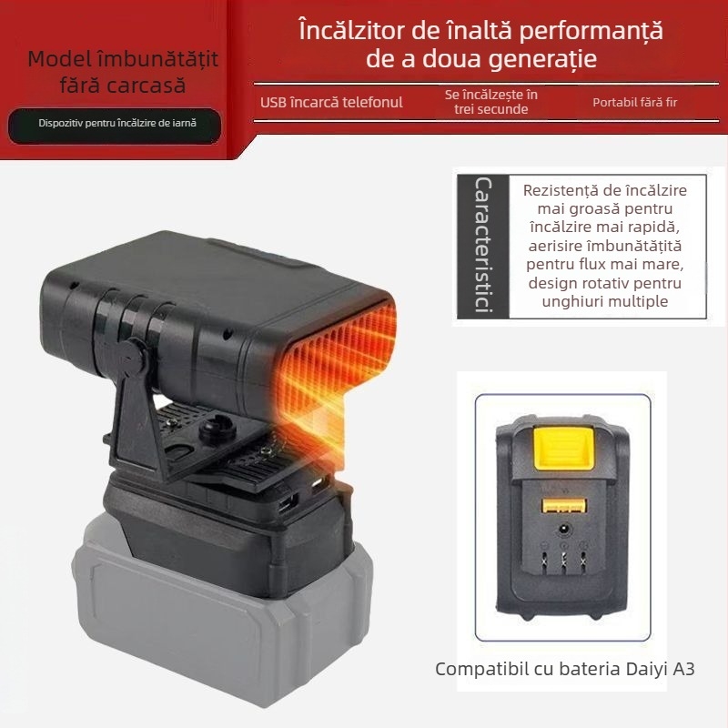 Ventilator auto montat pe triciclu, cu baterie litiu reîncărcabilă, fără fir, încălzitor de aer cal, defogger pentru geam, corp din material hemp