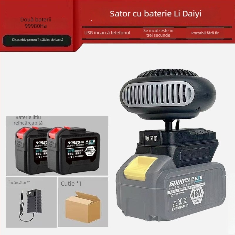 Ventilator auto montat pe triciclu, cu baterie litiu reîncărcabilă, fără fir, încălzitor de aer cal, defogger pentru geam, corp din material hemp