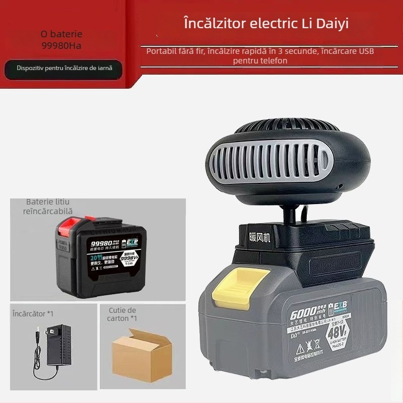 Ventilator auto montat pe triciclu, cu baterie litiu reîncărcabilă, fără fir, încălzitor de aer cal, defogger pentru geam, corp din material hemp