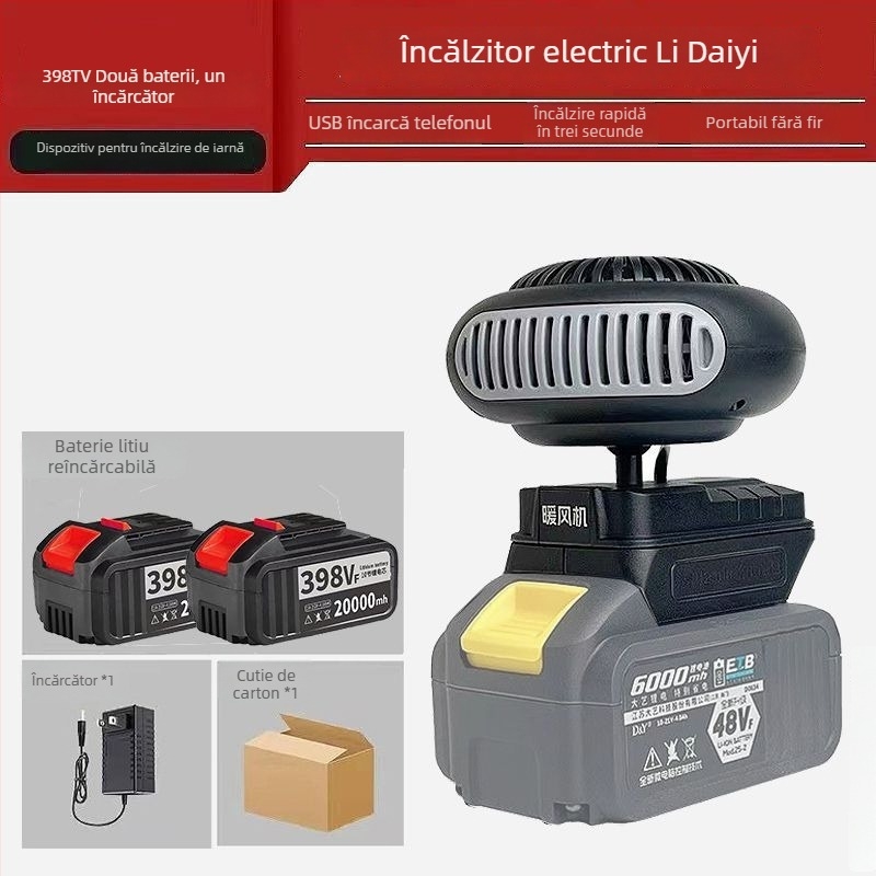 Ventilator auto montat pe triciclu, cu baterie litiu reîncărcabilă, fără fir, încălzitor de aer cal, defogger pentru geam, corp din material hemp