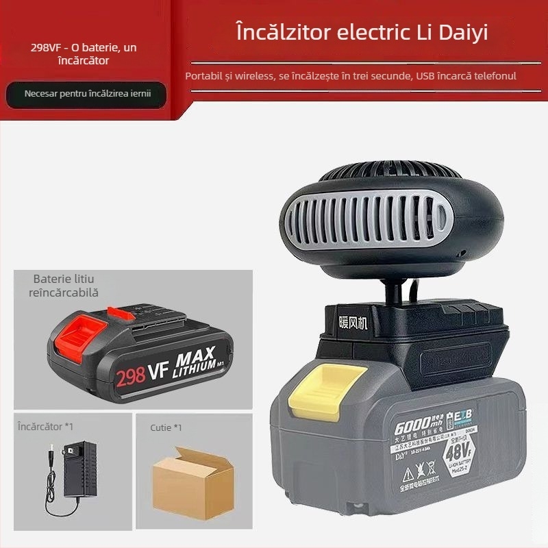 Ventilator auto montat pe triciclu, cu baterie litiu reîncărcabilă, fără fir, încălzitor de aer cal, defogger pentru geam, corp din material hemp