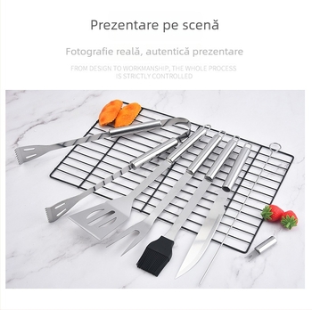 Set barbecue din oțel inoxidabil pentru exterior în husă de pânză – mănuși, cuțit, clips, perie, furculiță, semn, lopată; material: oțel inoxidabil; 12 seturi pe cutie; marcă Feng rui