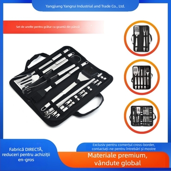 Set barbecue din oțel inoxidabil pentru exterior în husă de pânză – mănuși, cuțit, clips, perie, furculiță, semn, lopată; material: oțel inoxidabil; 12 seturi pe cutie; marcă Feng rui