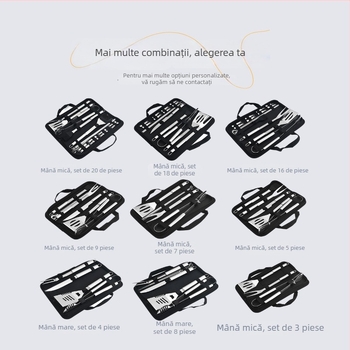 Set barbecue din oțel inoxidabil pentru exterior în husă de pânză – mănuși, cuțit, clips, perie, furculiță, semn, lopată; material: oțel inoxidabil; 12 seturi pe cutie; marcă Feng rui