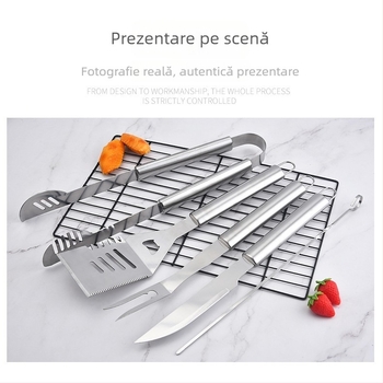 Set barbecue din oțel inoxidabil pentru exterior în husă de pânză – mănuși, cuțit, clips, perie, furculiță, semn, lopată; material: oțel inoxidabil; 12 seturi pe cutie; marcă Feng rui
