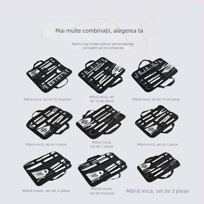 Set barbecue din oțel inoxidabil pentru exterior în husă de pânză – mănuși, cuțit, clips, perie, furculiță, semn, lopată; material: oțel inoxidabil; 12 seturi pe cutie; marcă Feng rui
