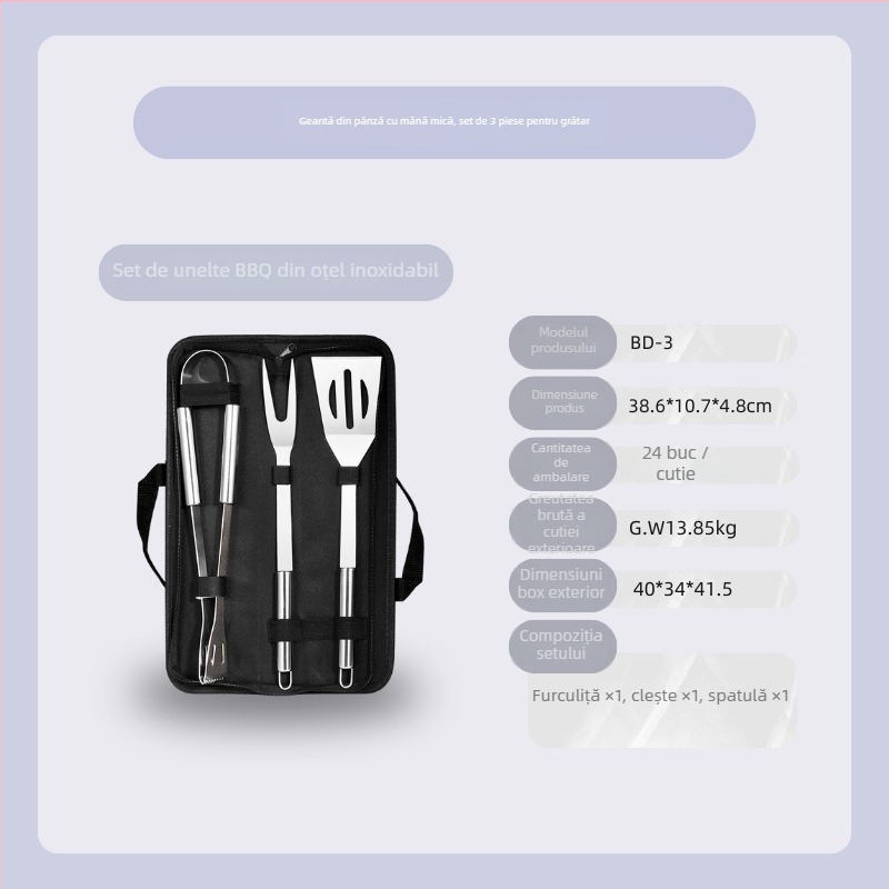 Set barbecue din oțel inoxidabil pentru exterior în husă de pânză – mănuși, cuțit, clips, perie, furculiță, semn, lopată; material: oțel inoxidabil; 12 seturi pe cutie; marcă Feng rui