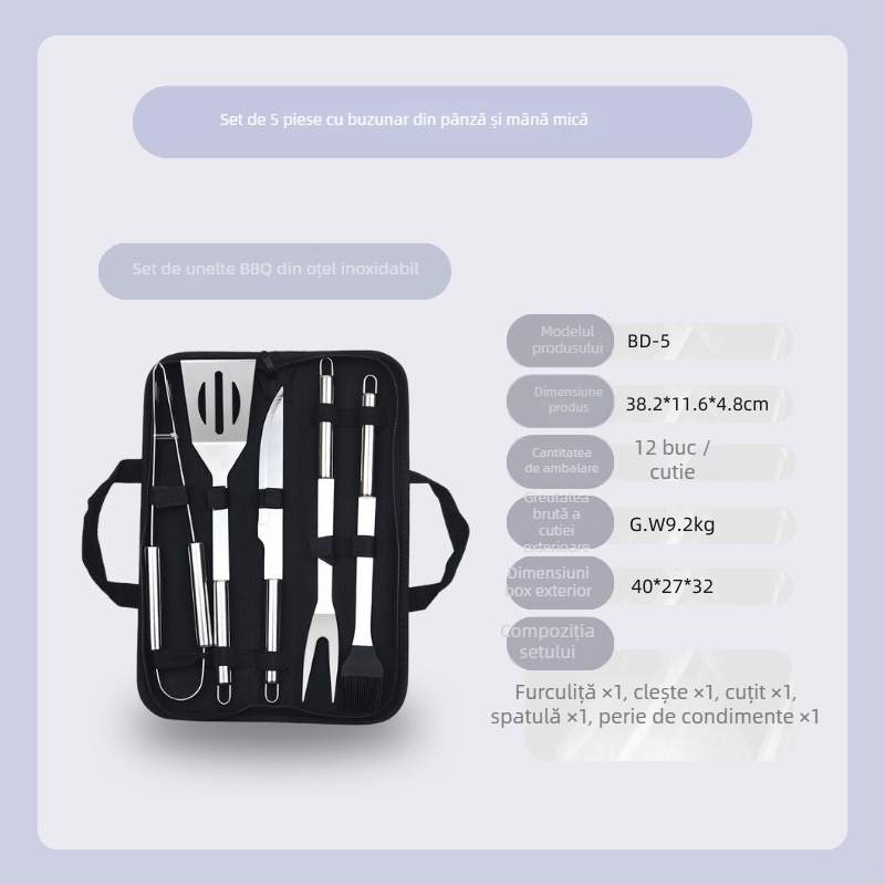 Set barbecue din oțel inoxidabil pentru exterior în husă de pânză – mănuși, cuțit, clips, perie, furculiță, semn, lopată; material: oțel inoxidabil; 12 seturi pe cutie; marcă Feng rui