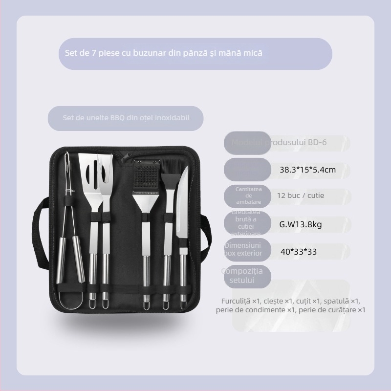 Set barbecue din oțel inoxidabil pentru exterior în husă de pânză – mănuși, cuțit, clips, perie, furculiță, semn, lopată; material: oțel inoxidabil; 12 seturi pe cutie; marcă Feng rui
