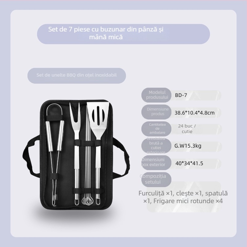 Set barbecue din oțel inoxidabil pentru exterior în husă de pânză – mănuși, cuțit, clips, perie, furculiță, semn, lopată; material: oțel inoxidabil; 12 seturi pe cutie; marcă Feng rui