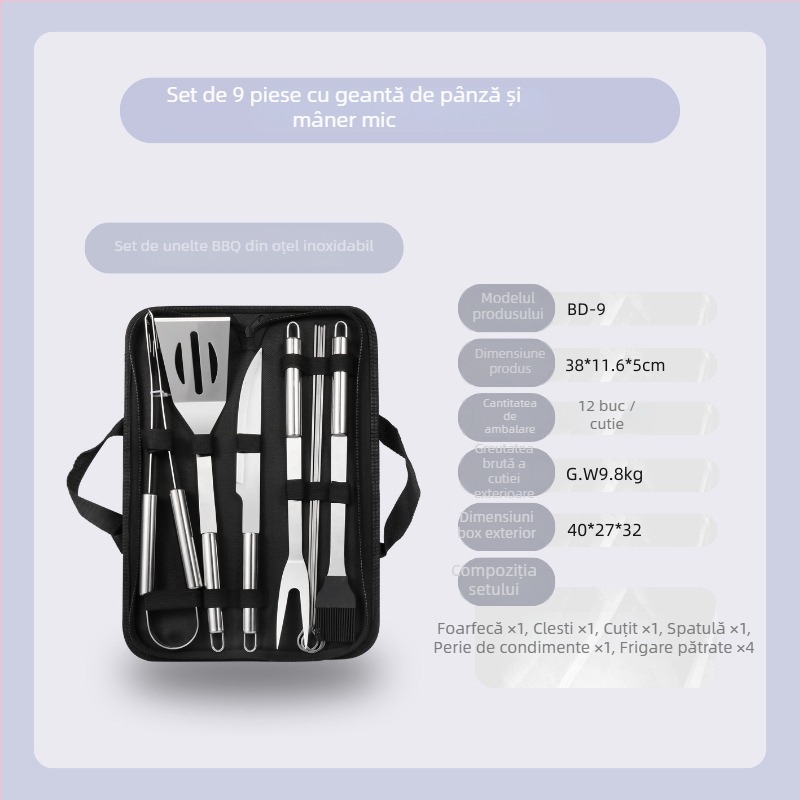 Set barbecue din oțel inoxidabil pentru exterior în husă de pânză – mănuși, cuțit, clips, perie, furculiță, semn, lopată; material: oțel inoxidabil; 12 seturi pe cutie; marcă Feng rui