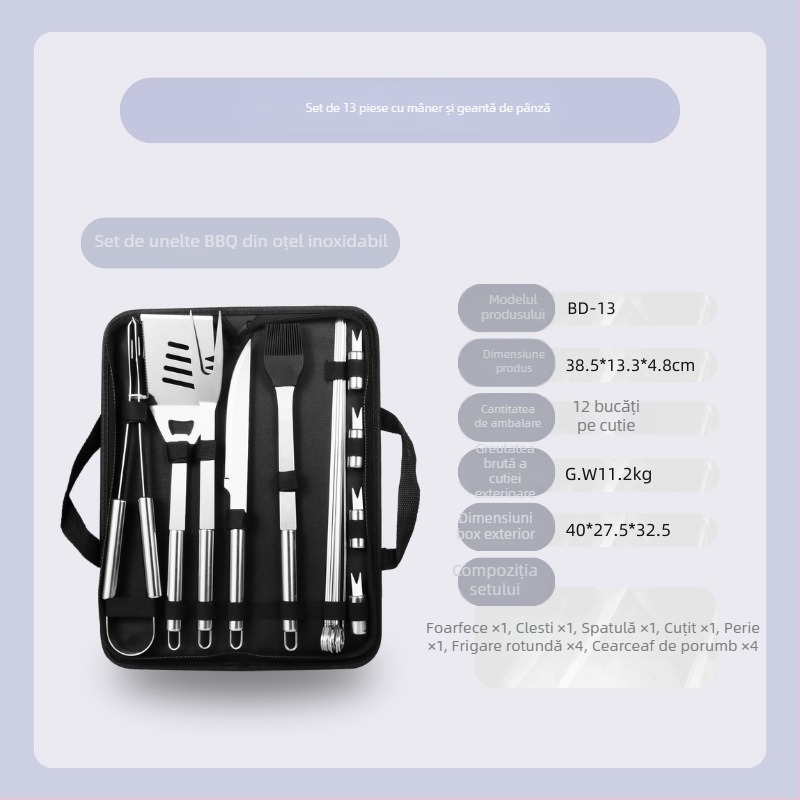 Set barbecue din oțel inoxidabil pentru exterior în husă de pânză – mănuși, cuțit, clips, perie, furculiță, semn, lopată; material: oțel inoxidabil; 12 seturi pe cutie; marcă Feng rui