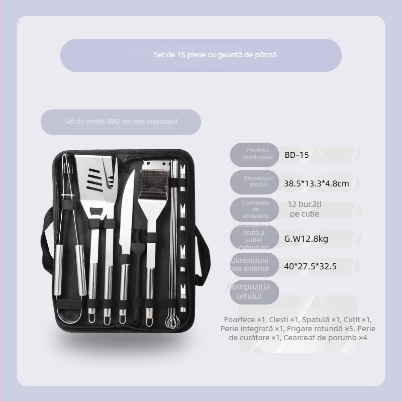 Set barbecue din oțel inoxidabil pentru exterior în husă de pânză – mănuși, cuțit, clips, perie, furculiță, semn, lopată; material: oțel inoxidabil; 12 seturi pe cutie; marcă Feng rui