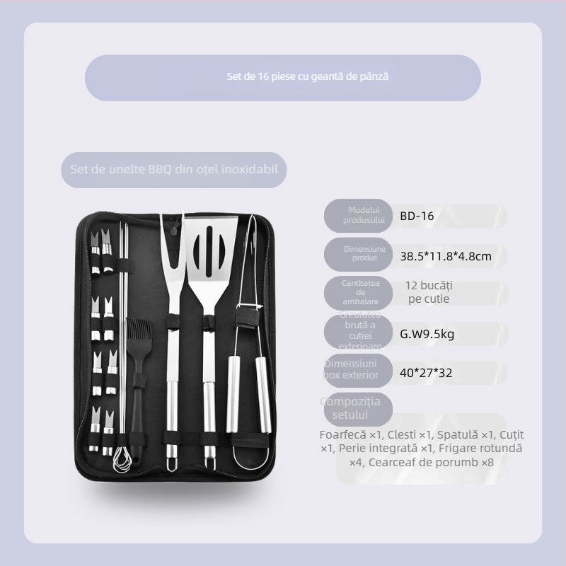 Set barbecue din oțel inoxidabil pentru exterior în husă de pânză – mănuși, cuțit, clips, perie, furculiță, semn, lopată; material: oțel inoxidabil; 12 seturi pe cutie; marcă Feng rui