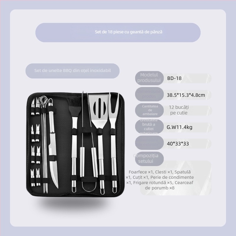Set barbecue din oțel inoxidabil pentru exterior în husă de pânză – mănuși, cuțit, clips, perie, furculiță, semn, lopată; material: oțel inoxidabil; 12 seturi pe cutie; marcă Feng rui