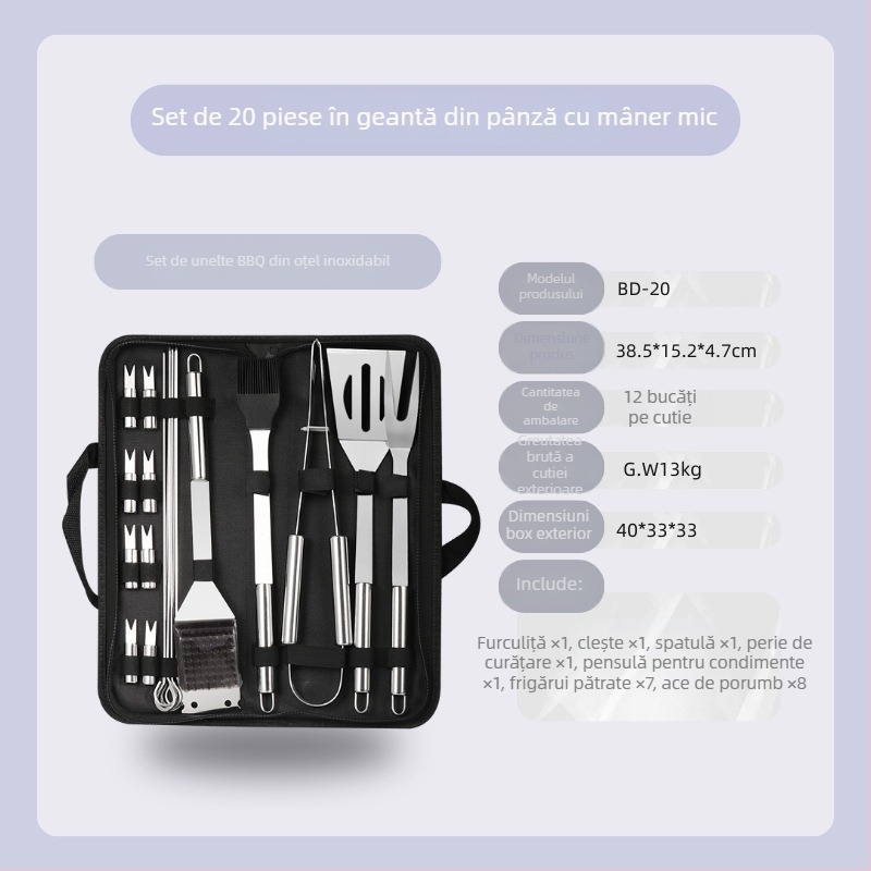Set barbecue din oțel inoxidabil pentru exterior în husă de pânză – mănuși, cuțit, clips, perie, furculiță, semn, lopată; material: oțel inoxidabil; 12 seturi pe cutie; marcă Feng rui