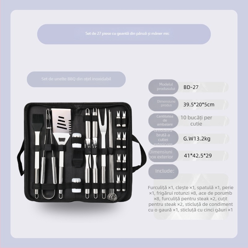 Set barbecue din oțel inoxidabil pentru exterior în husă de pânză – mănuși, cuțit, clips, perie, furculiță, semn, lopată; material: oțel inoxidabil; 12 seturi pe cutie; marcă Feng rui