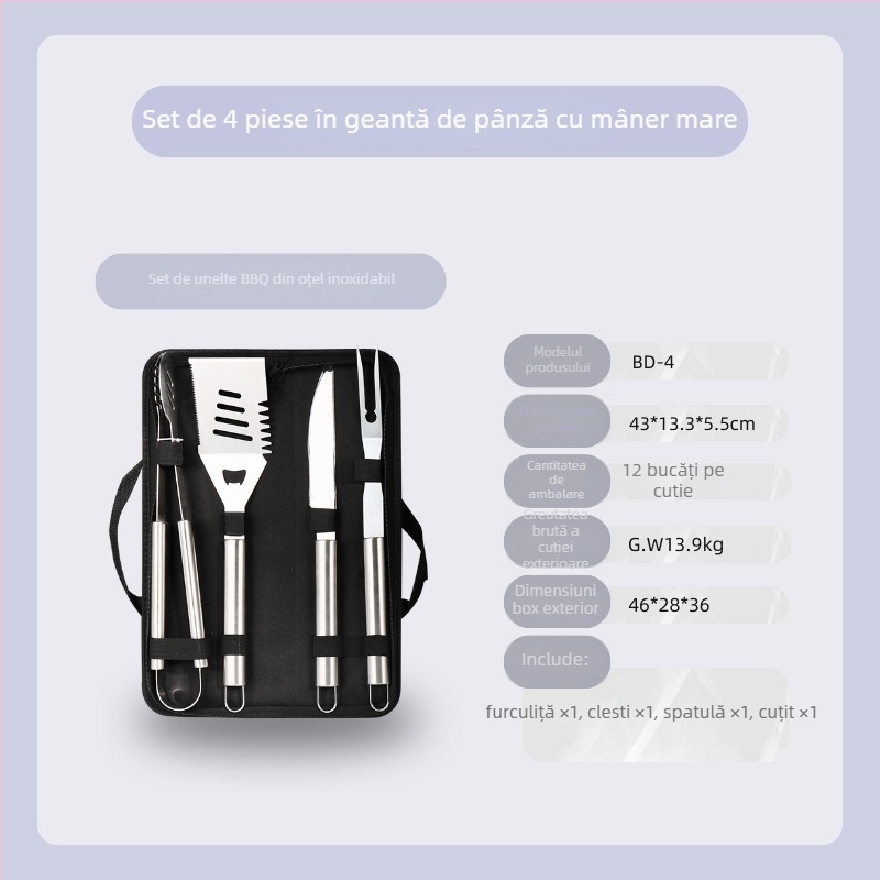 Set barbecue din oțel inoxidabil pentru exterior în husă de pânză – mănuși, cuțit, clips, perie, furculiță, semn, lopată; material: oțel inoxidabil; 12 seturi pe cutie; marcă Feng rui