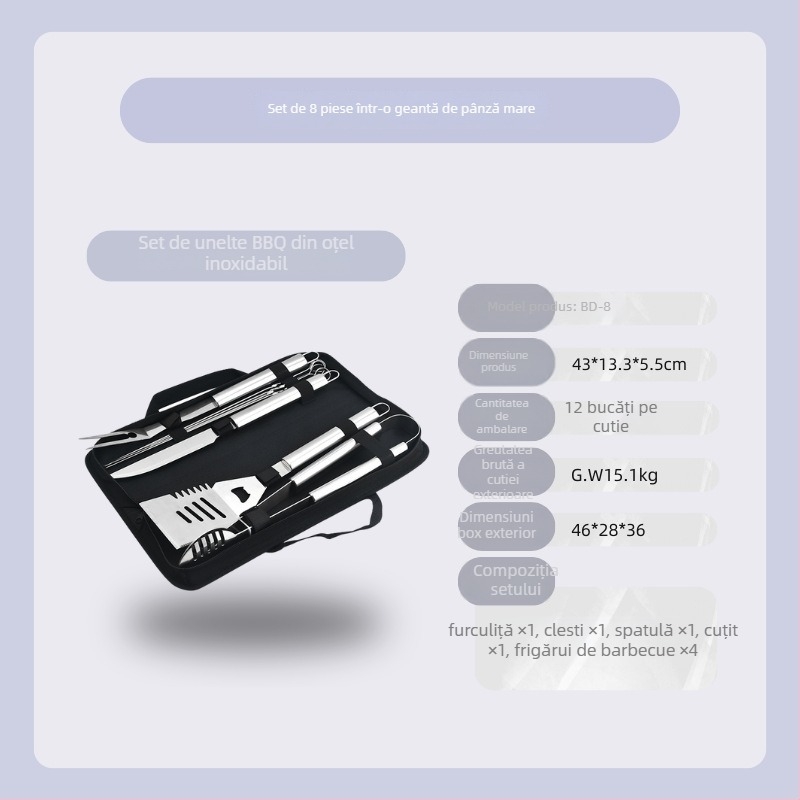 Set barbecue din oțel inoxidabil pentru exterior în husă de pânză – mănuși, cuțit, clips, perie, furculiță, semn, lopată; material: oțel inoxidabil; 12 seturi pe cutie; marcă Feng rui