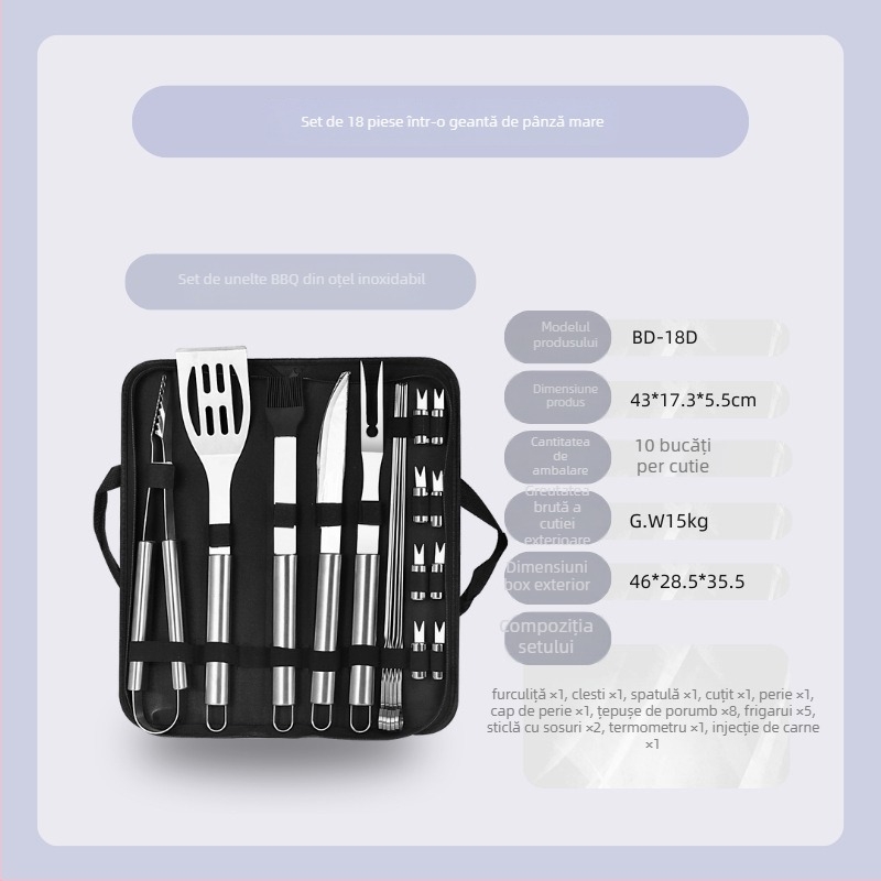 Set barbecue din oțel inoxidabil pentru exterior în husă de pânză – mănuși, cuțit, clips, perie, furculiță, semn, lopată; material: oțel inoxidabil; 12 seturi pe cutie; marcă Feng rui
