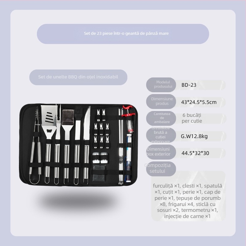Set barbecue din oțel inoxidabil pentru exterior în husă de pânză – mănuși, cuțit, clips, perie, furculiță, semn, lopată; material: oțel inoxidabil; 12 seturi pe cutie; marcă Feng rui