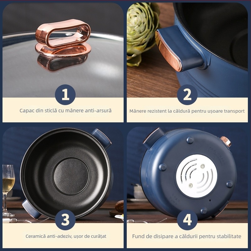 Oală electrică multifuncțională pentru bucătărie, aburire și gătire, 4,1–6 L, pentru 2–3 persoane, vas interior antiaderent, control prin buton, design cu două niveluri