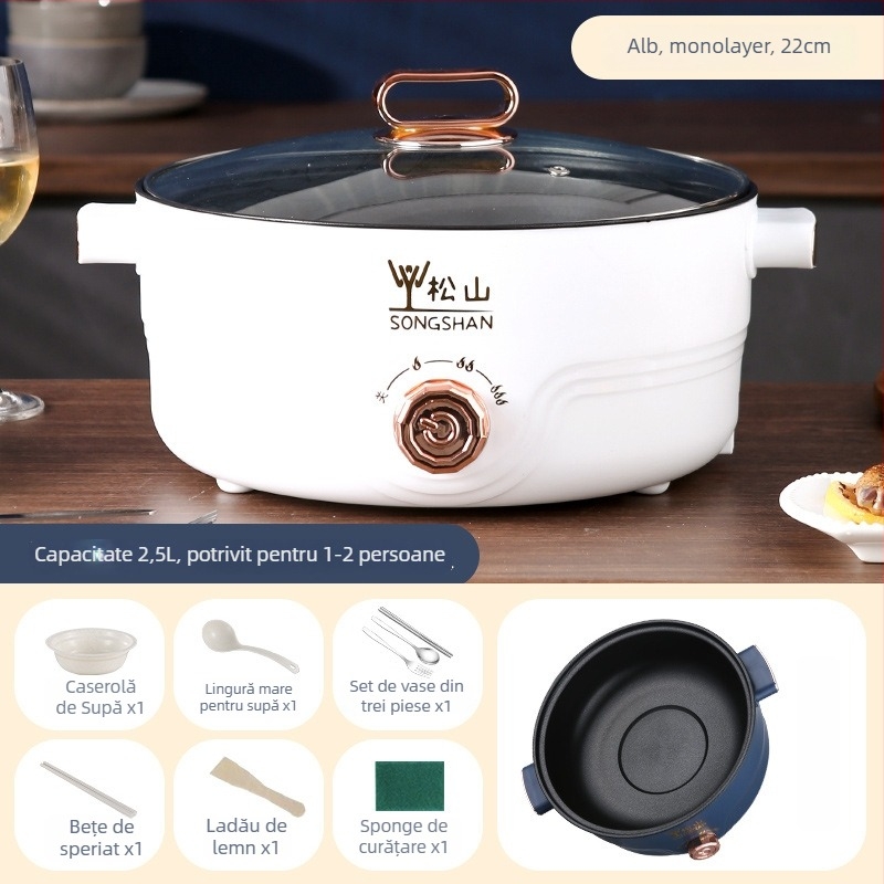 Oală electrică multifuncțională pentru bucătărie, aburire și gătire, 4,1–6 L, pentru 2–3 persoane, vas interior antiaderent, control prin buton, design cu două niveluri