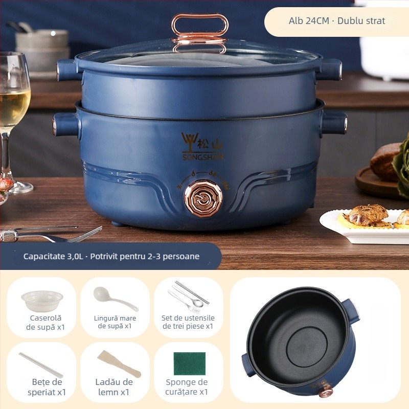 Oală electrică multifuncțională pentru bucătărie, aburire și gătire, 4,1–6 L, pentru 2–3 persoane, vas interior antiaderent, control prin buton, design cu două niveluri