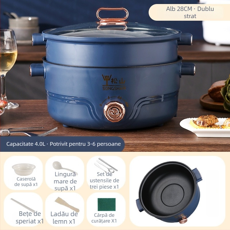 Oală electrică multifuncțională pentru bucătărie, aburire și gătire, 4,1–6 L, pentru 2–3 persoane, vas interior antiaderent, control prin buton, design cu două niveluri