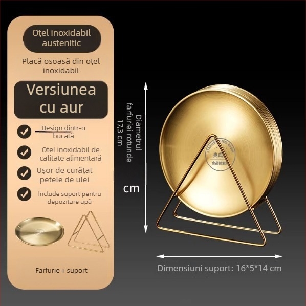 Farfurie osoasă din oțel inoxidabil, stil coreean, rotund, de calitate alimentară, pentru cafenea, tavă BBQ, nu este compatibilă cu microundele