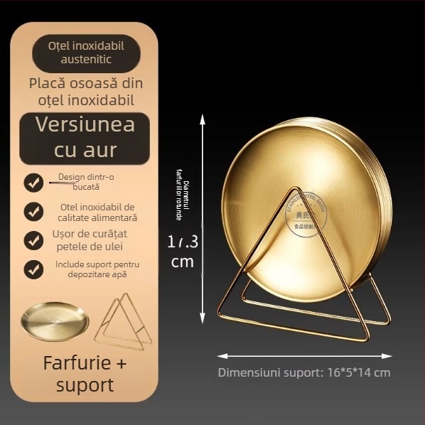 Farfurie osoasă din oțel inoxidabil, stil coreean, rotund, de calitate alimentară, pentru cafenea, tavă BBQ, nu este compatibilă cu microundele